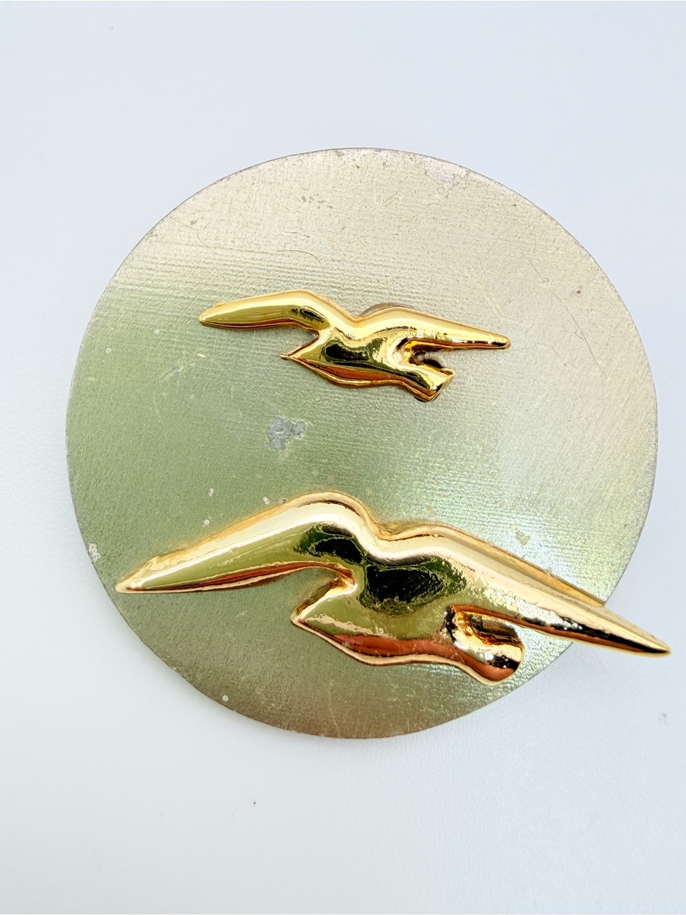 Vintage Germain Modernist Bird Brooch Gold Tone Silver Disc Pin